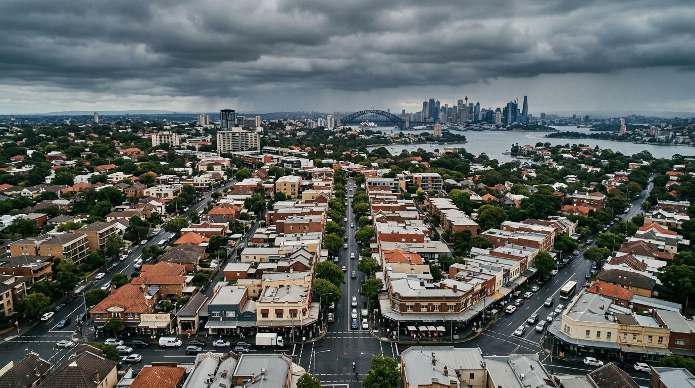 Aerial view of Crows Nest in cloudy weather