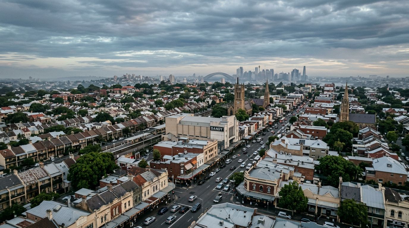 Aerial view of Newtown in cloudy weather