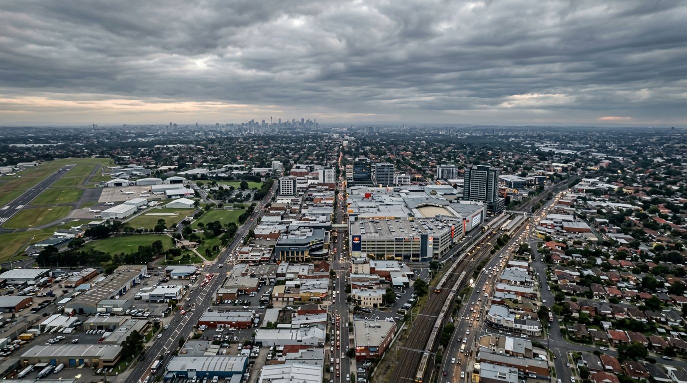 Aerial view of Bankstown in cloudy weather