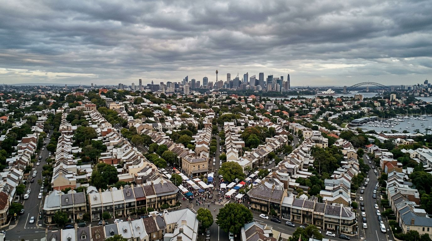 Aerial view of Paddington in cloudy weather