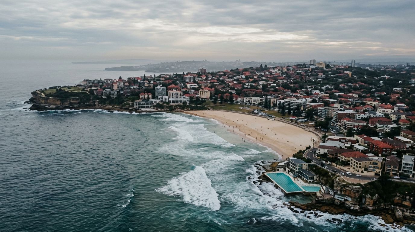 Aerial view of Bondi Beach in cloudy weather