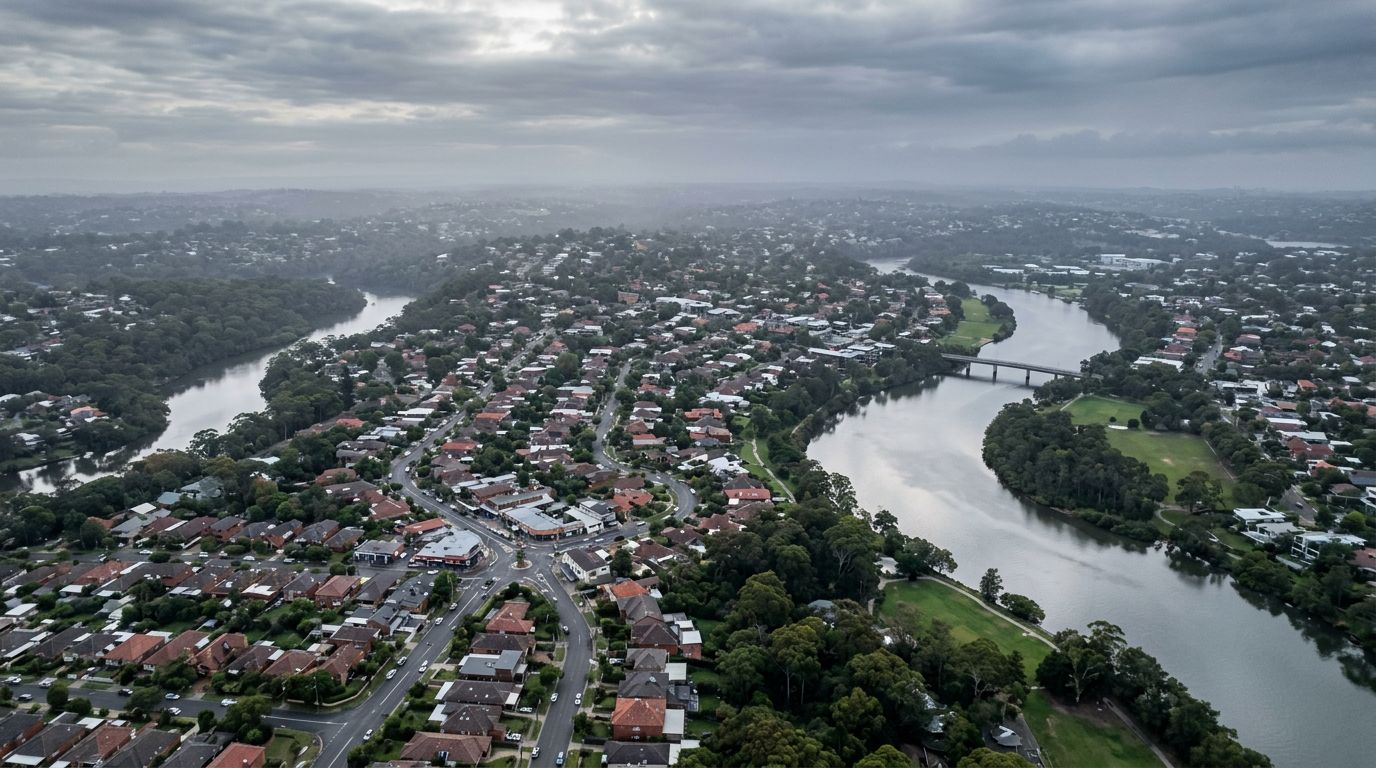 Aerial view of Lane Cove in cloudy weather