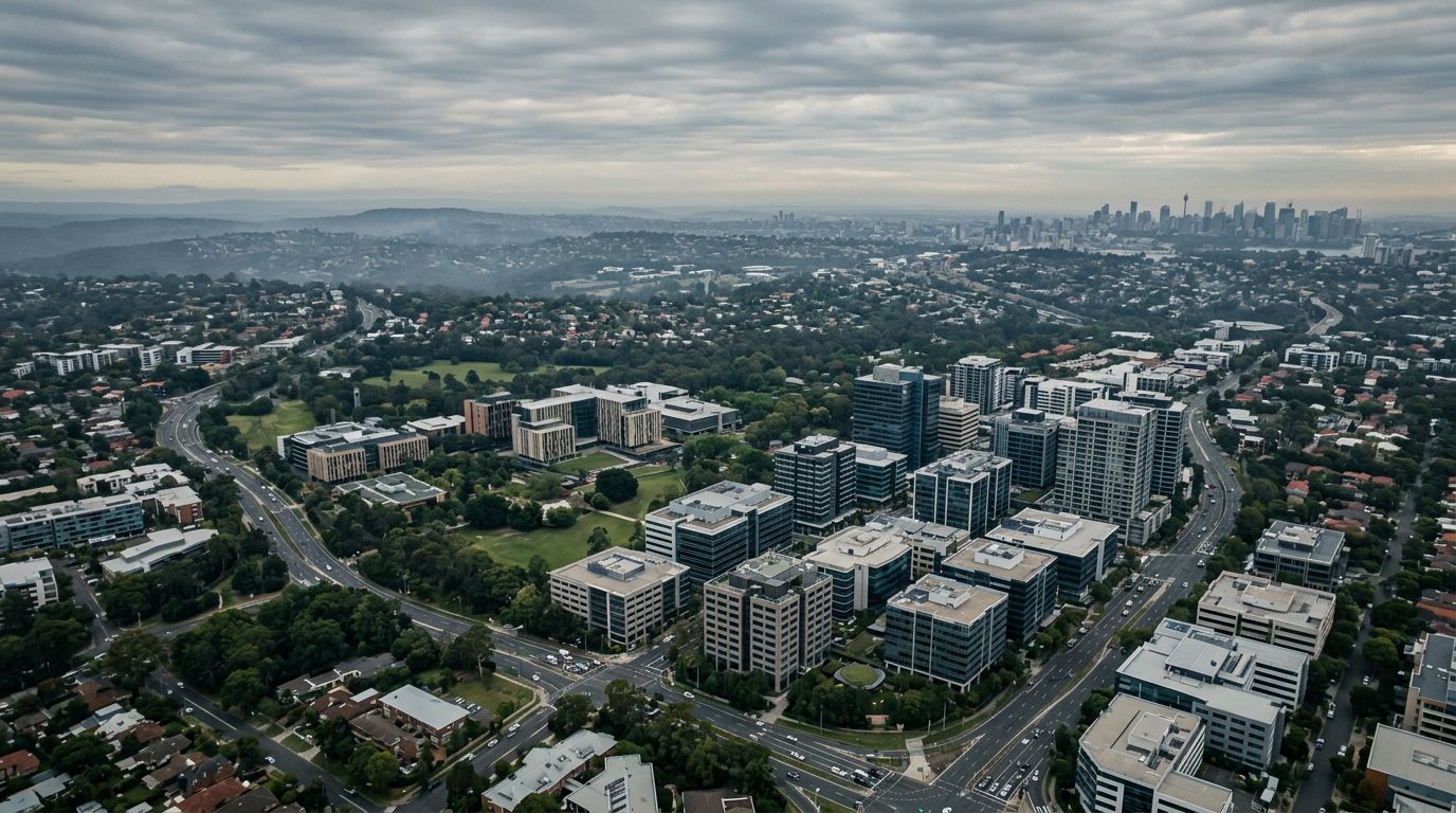 Aerial view of North Ryde in cloudy weather