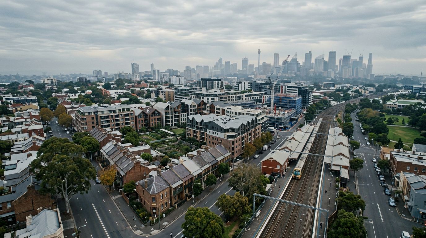 Aerial view of Redfern in cloudy weather