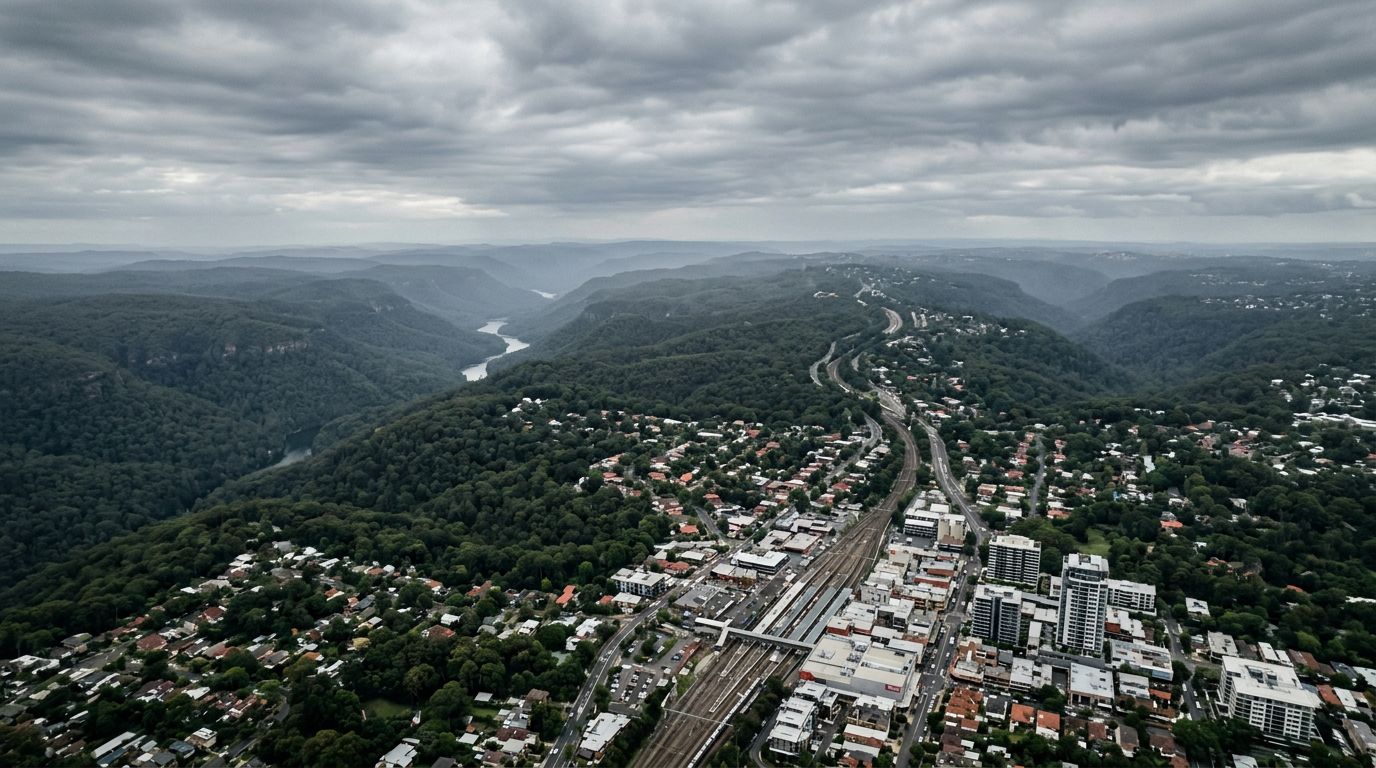 Aerial view of Hornsby in cloudy weather
