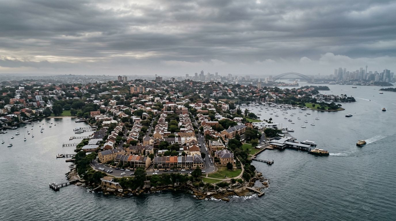 Aerial view of Balmain in cloudy weather