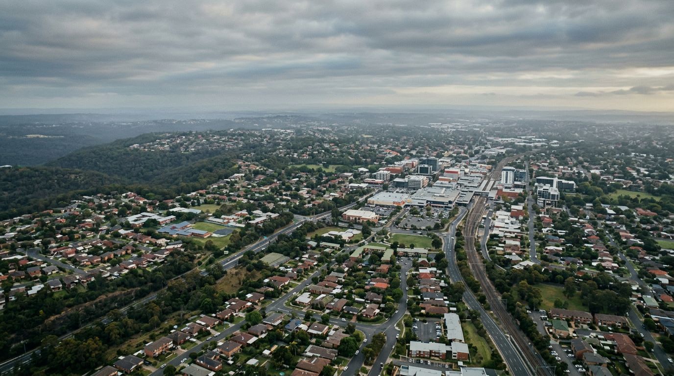 Aerial view of Campbelltown in cloudy weather