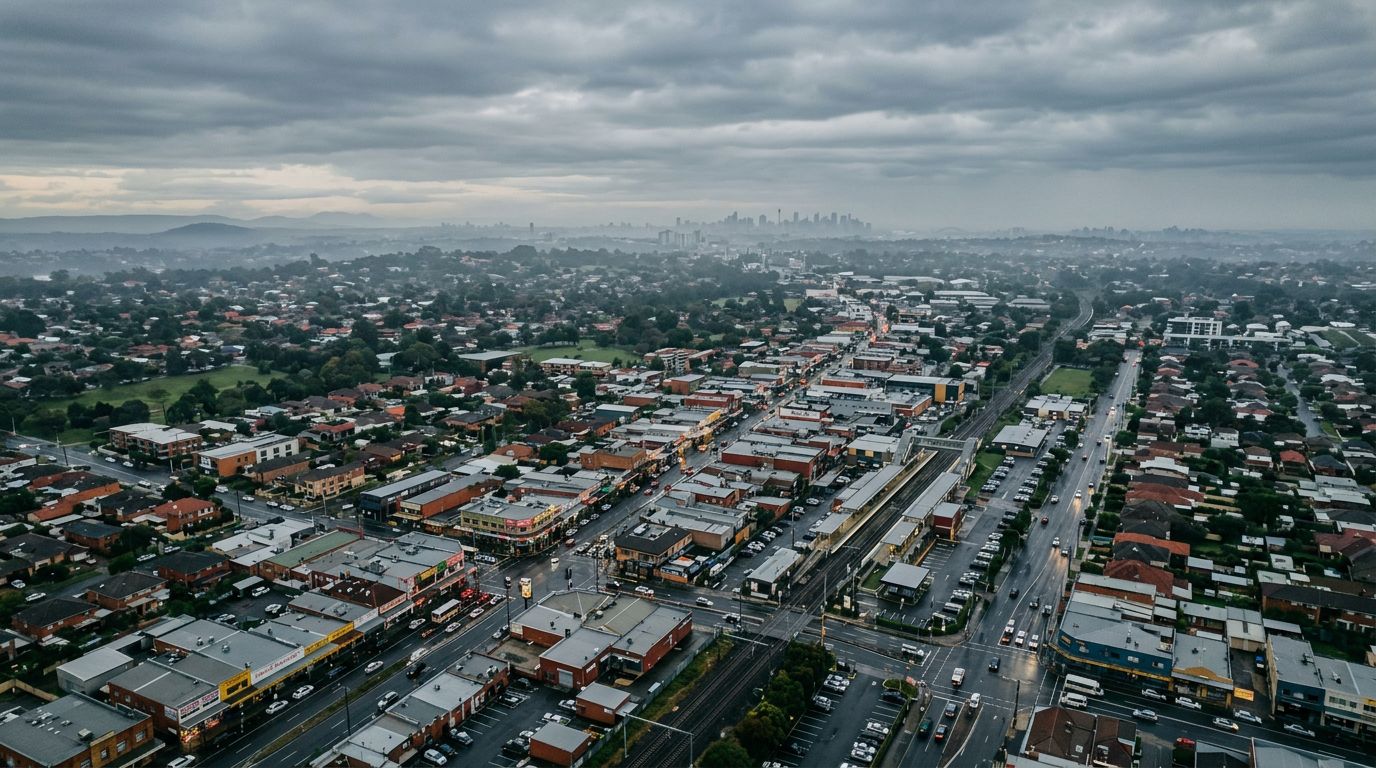 Aerial view of Cabramatta in cloudy weather