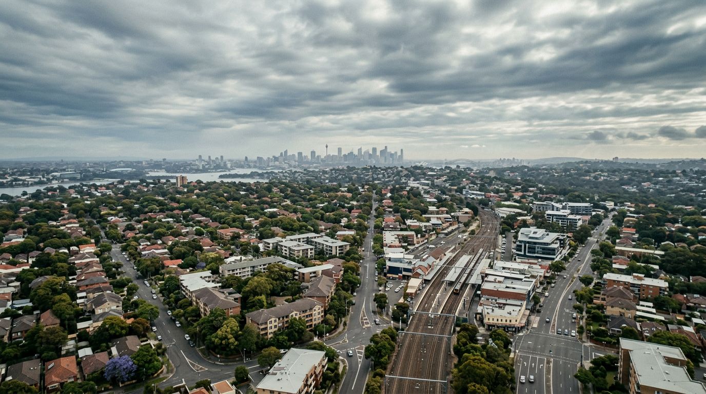 Aerial view of Strathfield in cloudy weather