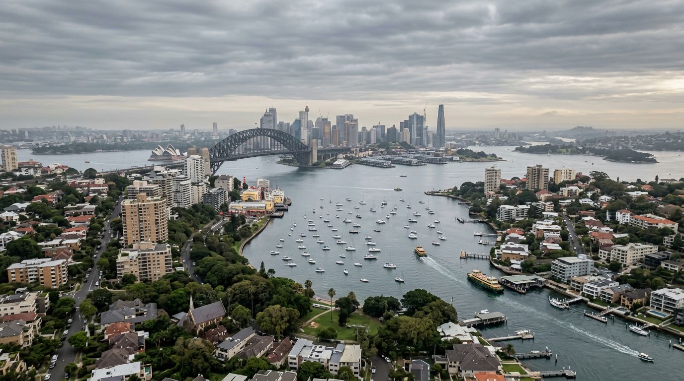 Aerial view of Neutral Bay in cloudy weather