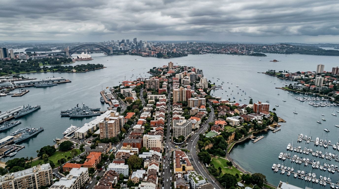 Aerial view of Potts Point in cloudy weather