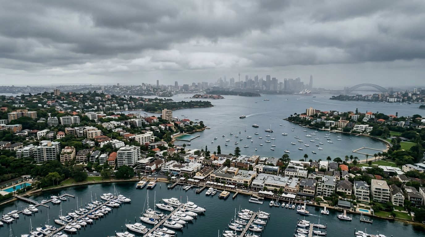 Aerial view of Double Bay in cloudy weather
