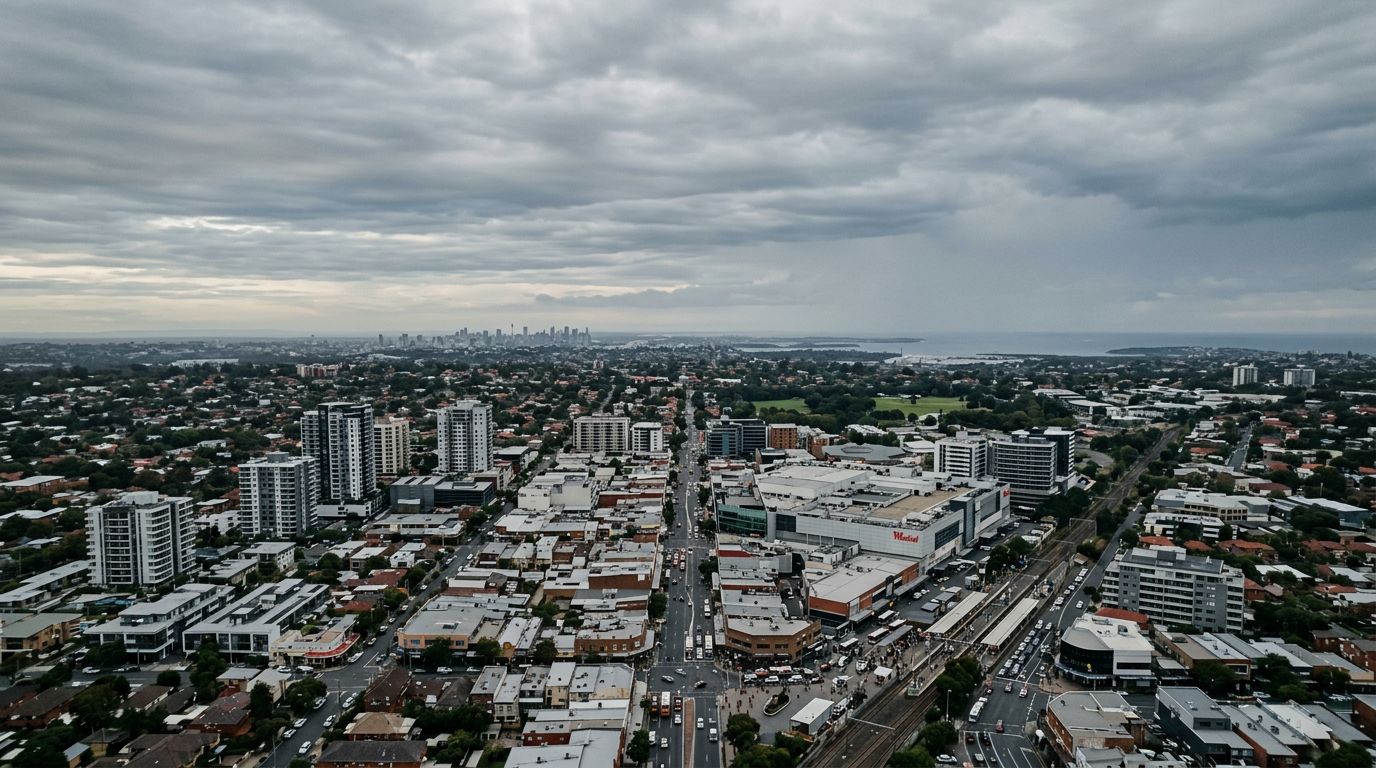 Aerial view of Hurstville in cloudy weather
